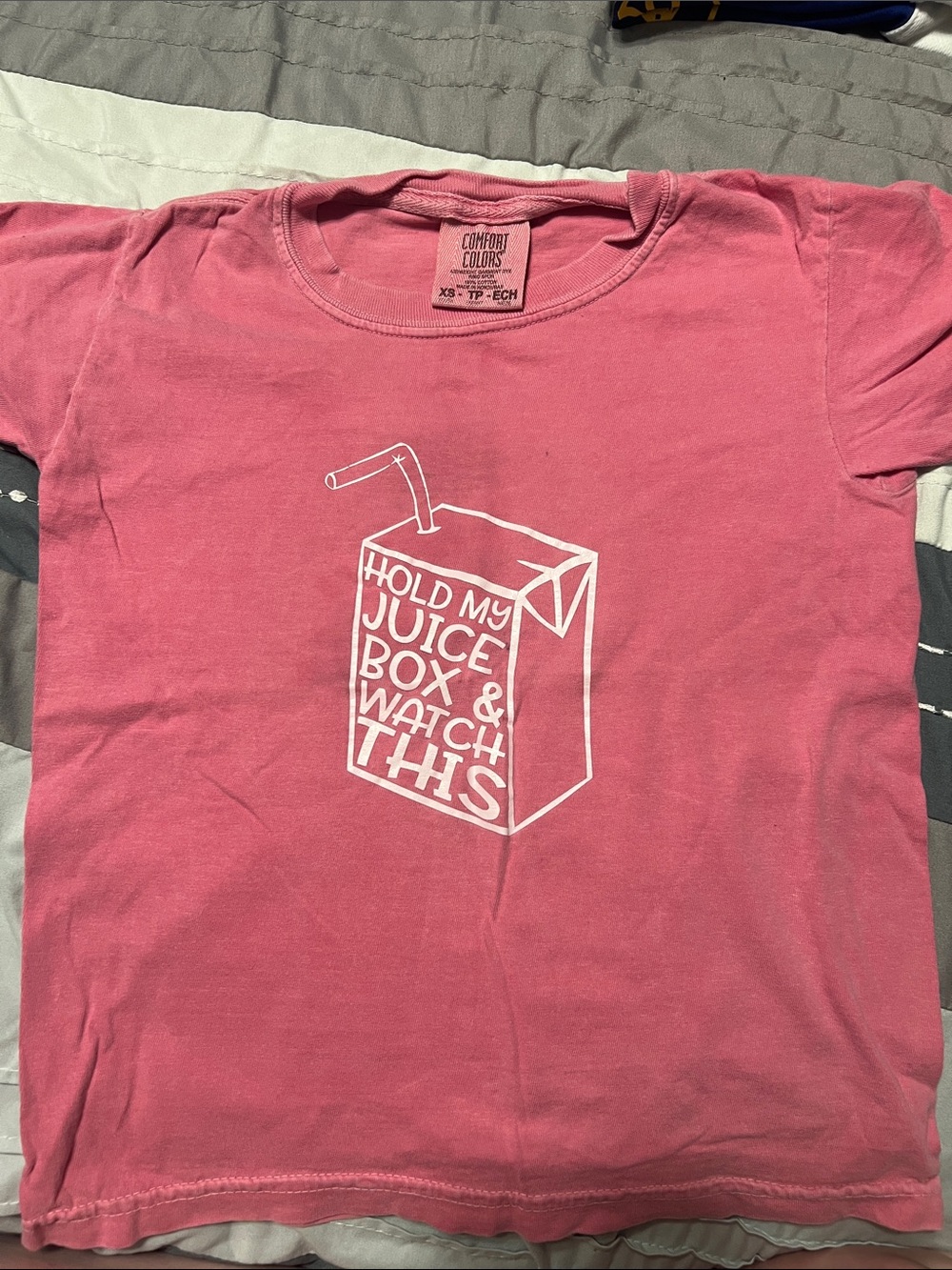 XS Youth Comfort Colors Pink Tee with White Juice Box Graphic